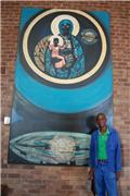 Tour guide in front of Madonna of Soweto painting, Regina Mundi Church