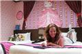 Lounging in the Hello Kitty hotel room