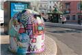 Colorful street art trashcan